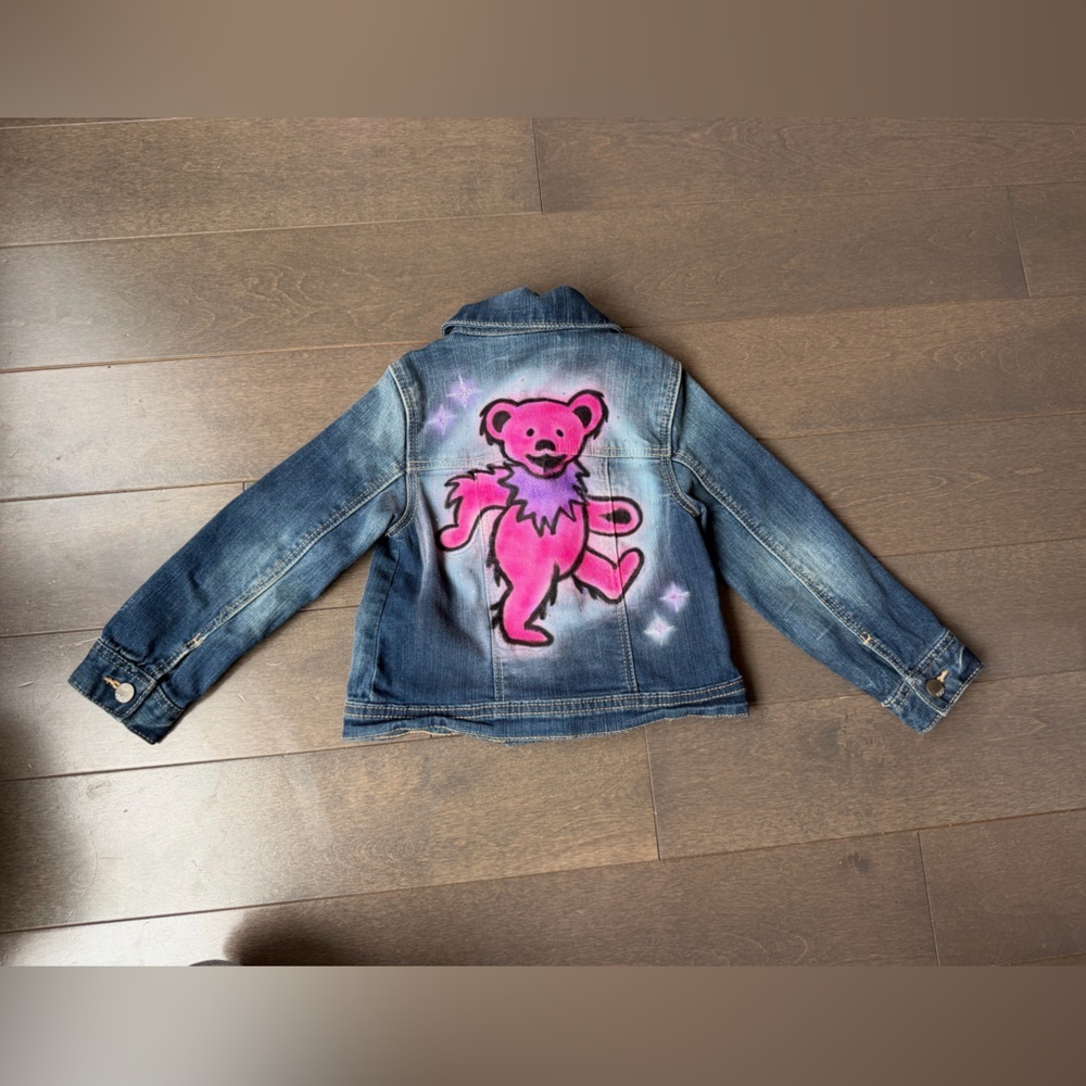 CUSTOM Kids Pink Bear Denim Jacket- Painted Design